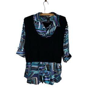 💰Lane Bryant 70's Mod Style Satin Top  wAttached Black Sweater Vest  Size 14/16